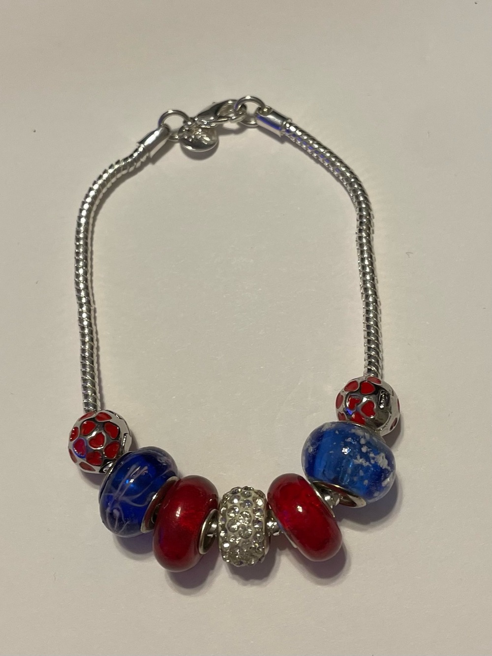Sterling Silver 8” rope Bracelet with Red and Blue Glass Beads